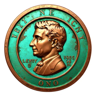 3D render of Old Penny, heavily oxidized copper texture, verdigris patina, Brown coin turning green on edges, weathered bronze aesthetic, ancient decay, Apple emoji style, isolated on white background --v 6.0. sticker