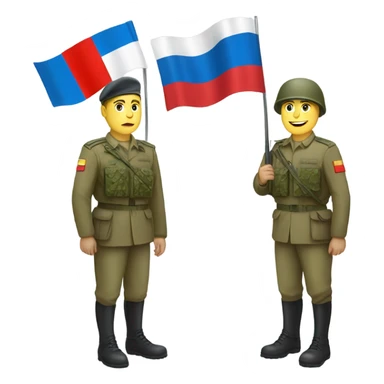 a soldier who holds the Russian flag in one hand and the Ukrainian flag in the other hand sticker