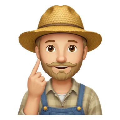 “A single emoji-style character combining 👨‍🌾😄 and 🤔: a smiling farmer man with a straw hat, friendly face, and light beard, holding one hand under his chin in a thinking gesture. His index finger rests under his face, eyes looking slightly upward as if thinking.  sticker