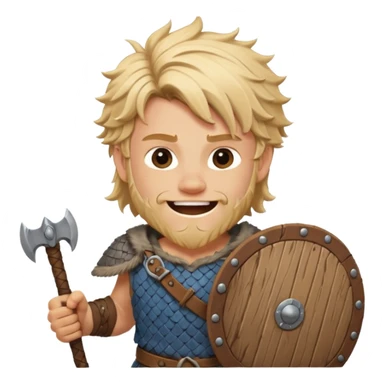 A young Viking warrior with messy blond hair, wooden shield, and fierce excited grin.
 sticker