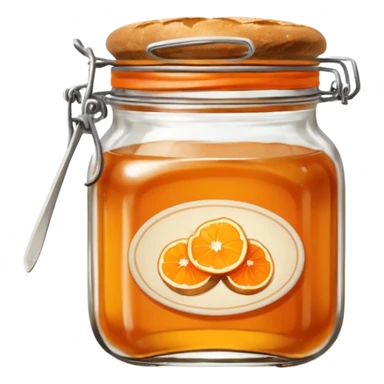 Hermès-style vintage bread with orange jam jar, elegant, glass jar with orange label, classic French breakfast, cute emoji style sticker