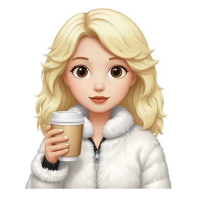 blonde girl wearing white fluffy jacket and a coffee to go in hand sticker