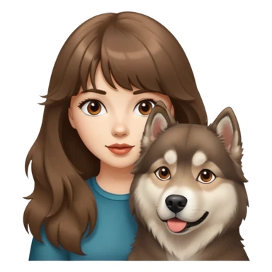 A beautiful Caucasian girl with brown blunt bangs and big wavy hair, and a brown Alaskan Malamute dog. sticker