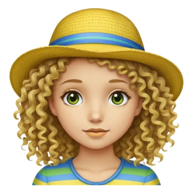 dirty blonde curly hair girl wearing hat with yellow blue and green horizontal stripes sticker