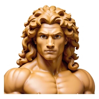 Cinematic Realistic Hercules Portrait, head tilted playfully and inquisitively, showcasing a blend of legendary power and youthful charm with the refined features of Michelangelo's David. His light tan, sculpted skin and thick, curly, golden brown hair—styled with wild majesty—evoke the spirit of the lion-wrestling Hercules. Clad in a softly draped white robe with subtle golden details and adorned with a Greek laurel wreath, his expressive eyes and warm smile capture an approachable yet formidable hero, bathed in gentle natural lighting. sticker