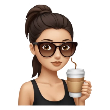 generate a pretty fair bratz girl with dark brown eyes, dark brown eyes tied into a slick back ponytail, thin brown sunglasses. Wearing a black cami top and drinking coffee, high cheekbones sticker