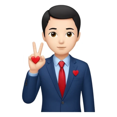 A man in very black short hair with all back hair style, wearing dark blue suit and red tie, making a Korean finger heart like photo sticker
