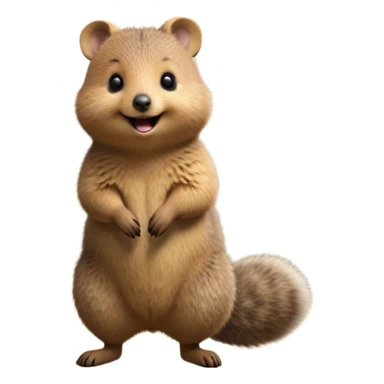 cinematic-quokka-realistic-full-body-standing on its hind legs hunched over-emoji,-small-round-frame-balanced-on-tiny-strong-hind-legs,giant fluffy cheeks large smile-fluffy-brown-fur-radiating-a-warm-softness skinny tail, ,-big-round-eyes-filled-with-joy-and-innocence,-tiny-clawed-paws-held-close-to-chest,-cheerful-smile-exuding-endearing-happiness,-simplified-yet-realistic-focused-features,-highly-detailed,-glowing-with-a-sunny-warmth, expressive eyes  sticker