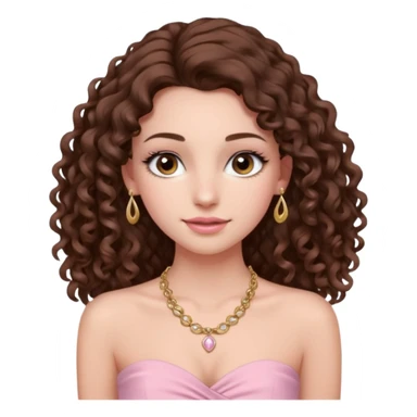 crée moi une jeune fille très belle avec les cheveux bouclés long brune avec un top  sans manche ni brettelles juste un 'bandeau' de couleur rose clair avec un peu de maquillage et des beauxcils un collier en or sticker