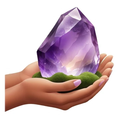 Ethereal hand silhouette (barely visible) cradling a raw amethyst, light refracting into natural scenes (e.g., skincare products in a spa), moss green (#8A9B6E) and terracotta (#B47157) gradients, soft bokeh light spots, earthy yet luxurious vibe  sticker