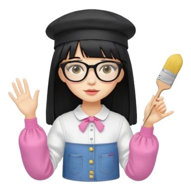 A yellow-skinned girl with long straight black hair, flat bangs, black frame glasses, a white puffy sleeve doll shirt, blue jeans and pink shoes, and a black painter's hat，no yellow spikes. sticker
