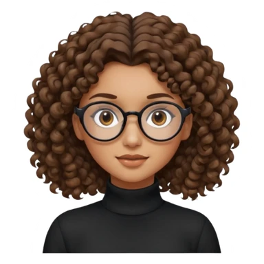 un chica con pelo rizado tiene hecha una coleta y con dos rizos sueltos en la parte de alante que le llega hasta el cuello. luego pil un poco morena ojos marrones y tiene gafas negras y son exagonales pero un poco redondeadas. sticker