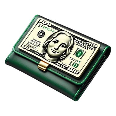 Rich emoji style black leather wallet with dollar bills, luxury money vibe, premium 3D emoji, ultra clean, high detail, no background sticker
