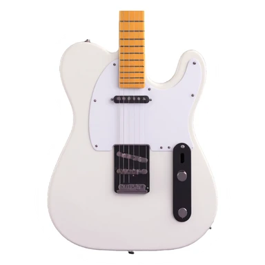 A 3D emoji-style design of a Telecaster-type guitar with a white body and black pickguard. The whole guitar is visible, with a simple and bright atmosphere. No background, suitable for icon use. The style is friendly and not too realistic. sticker