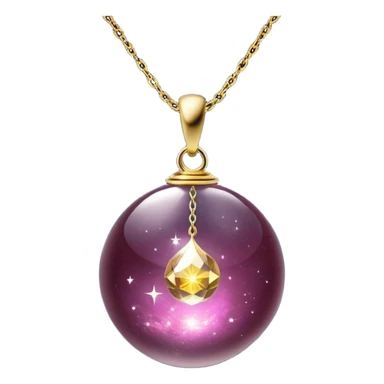 A polished round ball wine granite pendant suspended from a delicate gold chain, like a drop of enchanted starlight, glowing with the warmth of passion and the quiet power of transformation ethereal floating magical moving around... rebirth moving chain sticker