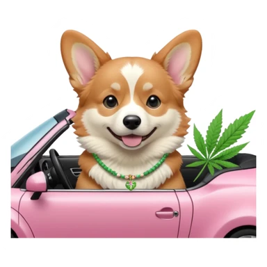 Tan and white Corgi with marijuana necklace sitting in a pink Sport car  sticker