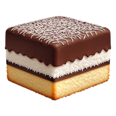 Lamington Cinematic Realistic Lamington Dessert Emoji, depicted as a sponge cake square coated in chocolate and dusted with coconut on all sides, rendered with lifelike textures and vibrant, tropical lighting. sticker