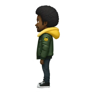 Side profile of a hip hop artist. His arm is pointing down. He's wearing a puffy dark green jacket. The jacket has a furry yellow collar.  sticker