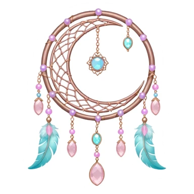 Rosy shiny glossy sparkly romantic pastel crescent damask moon with rose quartz pastel vines pastel gems pastel beads with feathers and chains  suncatcher-dreamcatcher sticker
