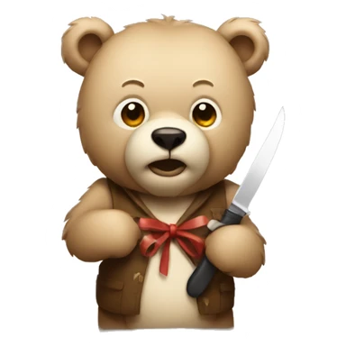 a bear holding a knife with a bow sticker