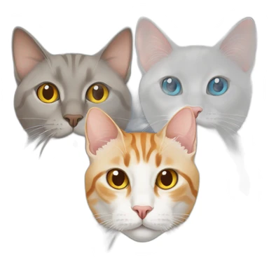 three cats sitting together ,one grey tabby siamese cat with blue eyes ,one orange and white tabby cat with yellow eyes ,one orange cat with orange eyes sticker
