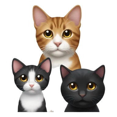 a black tuxedo cat, a brown tabby cat, and a black kitten  sticker