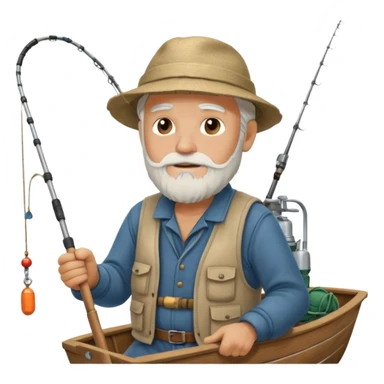 an old white haired, bearded man in fisherman attire, sat in a big boat on the ocean, holding one fishing rod in one hand, with the end of the fishing line touching the water sticker