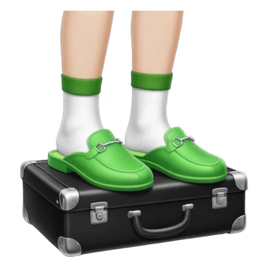 Feet with white socks wearing green house slippers standing on a briefcase sticker