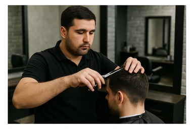 shu odamni sartaroshxonada mijozlarni sochini olayotganin  tasvirlab ber juda yosh ham katta ham bo'lmasin semiz ham bo'lib ketmasin sticker