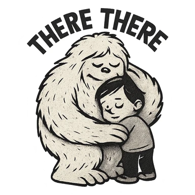 Reduce the file size to be smaller than 1MB, keep the background transparent, and preserve the 'there there' text through the head of the Abominable Snowman hugging the much smaller kid. Maintain the original style and details. sticker