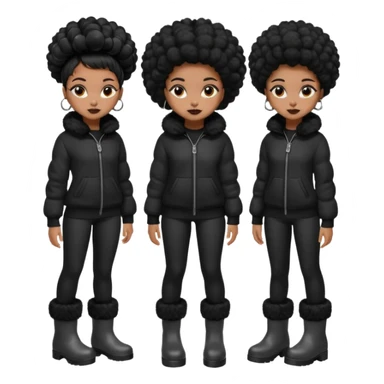 A brown skin girl that has a slim and thick body with black hair into two Afro puffs   and wears all black outfit with grey furry boots  sticker