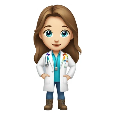 White young girl with long brown hair and blue eyes wearing a rainbow pharmacist coat sticker