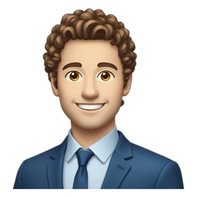 Young european business man with brown curly hair, sidecut, smiling, blue suit sticker