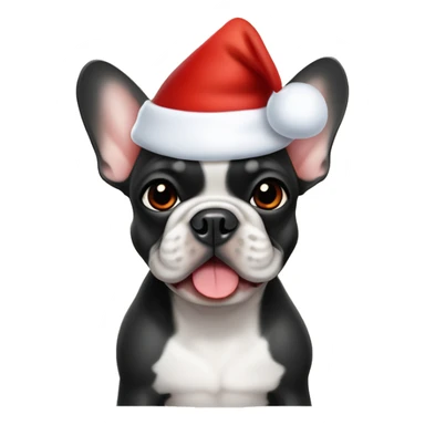 A small, black-and-tan French bulldog with a mostly black face and tan paws, wearing a classic red and white Santa hat, sitting happily with its tongue slightly out. sticker