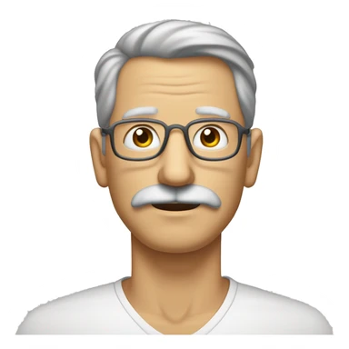 un hombre de mediana edad con un tono de piel claro. Lleva el pelo corto y gris, cortado al ras. Tiene un bigote delgado y oscuro. Sus ojos son marrones claros y están enmarcados por finas gafas redondas. Su nariz es recta y alargada. sticker