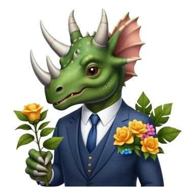 old triceratops in suit holding flowers sticker