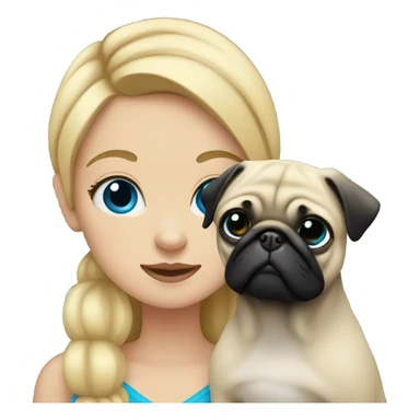 Girl with blonde hair and blue eyes holding a black pug sticker