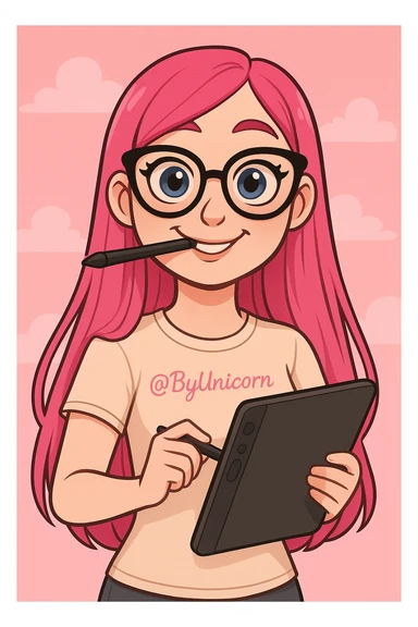 девушка с референса в рисованном милом стиле, у девушки розовые длинные прямые волосы, большие выразительные голубые глаза, черные очки для зрения формы кошачий глаз, нос чуть с горбинкой, девушка улыбается а в зубах прикусывает перо от графического планшета, которое она держит в руке, а в другой руке держит сам планшет 
одета девушка в светло-бежевую облегающую футболку с вышивкой розовым цветом @ByUnicorn, фон градиентный розовый, можно добавить пушистые облака sticker