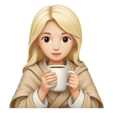 a girl with blond hair wrapped in a beige blanket and holding a white mug of coffee with both hands sticker