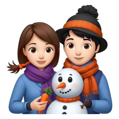 Cartoon girl with brown hair and scarf, building a snowman. Cartoon boy with black hair, placing a carrot nose on the snowman, smiling sticker