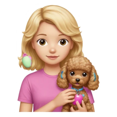 hazme un emoji que sea una niña rubi con el pelo ondulado i una camiseta rosa que ponga brownie, i acariciando a un perro (caniche toy) si pero con el pelo mas largo i no tan rubia sticker
