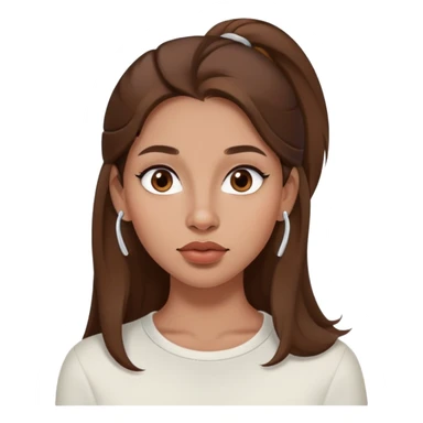 persona femmina, capelli castani lunghi, occhi marroni, labbra grandi, naso piccolo, viso un po’ rotondo, neo sopra al labbro parte sinistra, air pods, piercing al naso parte destra sticker