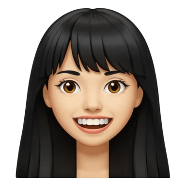 Woman a little tan with long black hairs and bangs, appearing teeth sticker