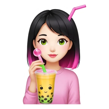 girl with black hair and half neon pink half neon green roots enjoying mango bubble tea  sticker