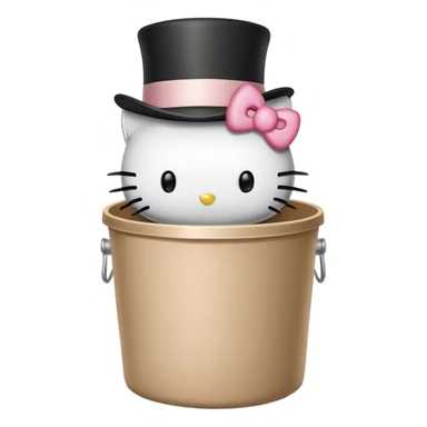 A trash bin that says on text GOODBYEEEE with hello Kitty in a top hat sticker