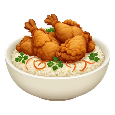 iOS-style food emoji, flat design: round bowl with white rice base, topped with crispy fried chicken pieces, fried onion bits, sweet-and-sour sauce and white sauce zigzag drizzles, finished with parsley flakes, clean shapes, transparent background. sticker