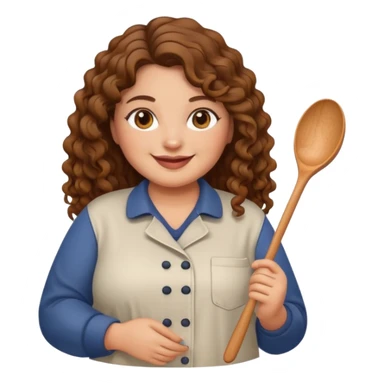 “A friendly, smiling plus size woman emoji with long curly brown hair and hazel eyes, warm medium skin tone, wearing casual kitchen clothes and holding a wooden spoon. Simple, clean style, suitable for a healthy cooking Instagram page sticker