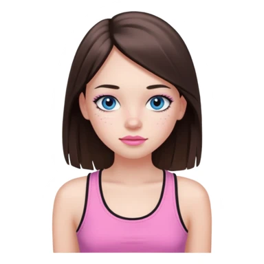 Create a teenage girl with long and straight brunette hair, light skin, light freckles, and blue-grey eyes. She will have pink lips and long black eyelashes. She will be wearing a pink tank top. sticker