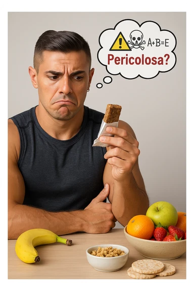 un uomo in abbigliamento sportivo tiene in mano una barretta proteica, osservandola con un’espressione scettica e preoccupata. Sopra la barretta, una nuvoletta di pensiero mostra simboli di allarme, ingredienti chimici e la scritta “Pericolosa?” in rosso. Sullo sfondo, frutta fresca e altri snack naturali sono visibili sul tavolo, sottolineando la sua preferenza per alternative più sane. sticker