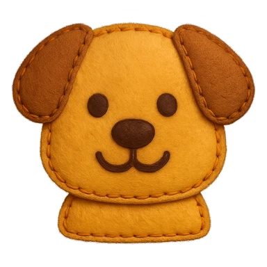 <StylePrompt>
  <Name>Felt Appliqué Plush Style</Name>
  <Description>A soft, handcrafted look inspired by plush felt fabric with visible stitching and a padded 3D texture, rendered on a solid black background.</Description>
  <VisualProperties>
    <Material>Felt</Material>
    <Texture>Soft, fuzzy, with slight fiber detail</Texture>
    <Stitching>
      <Type>Thick thread</Type>
      <Color>Orange or slightly darker tone than fabric</Color>
      <Pattern>Uniform running stitch along outer edge</Pattern>
    </Stitching>
    <Padding>High, plush-like 3D depth</Padding>
    <Edges>Rounded corners</Edges>
    <ColorPalette>
      <Primary>Warm yellow/orange tones</Primary>
      <Accent>Brown or dark orange for facial features and outline</Accent>
      <Background>Black</Background>
    </ColorPalette>
  </VisualProperties>
  <Rendering>
    <Lighting>Soft, even studio lighting</Lighting>
    <Shadows>Subtle drop shadows for depth</Shadows>
    <Perspective>Flat front-facing, symmetrical if applicable</Perspective>
  </Rendering>
  <Applicability>
    <SubjectType>Any object, animal, or letterform</SubjectType>
    <OutputFormat>Icon, emoji, patch-style graphic</OutputFormat>
  </Applicability>
</StylePrompt>

{subject} = dog sticker